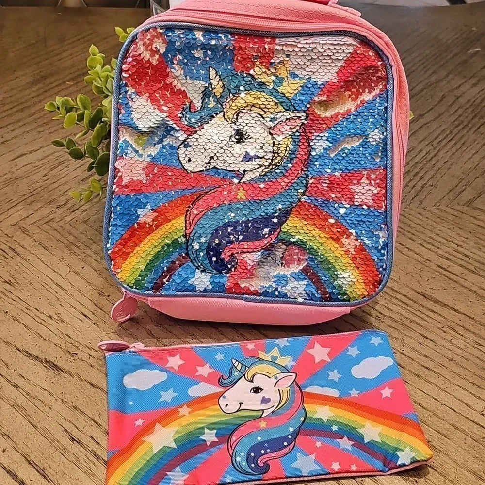 Colorful Unicorn Sequin Lunch Bag And Pencil Holder NWOT